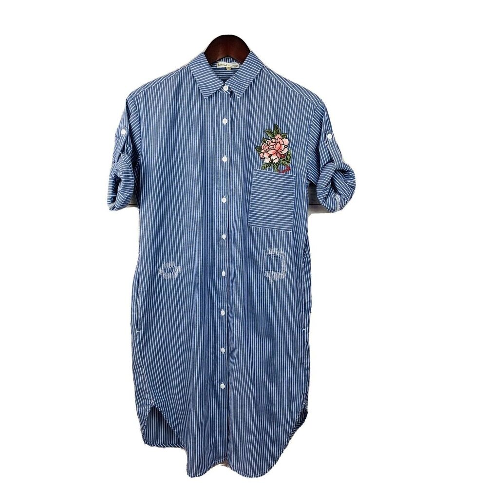 Hotwind Ladies‎ small Blue Striped Shirt Dress embroidered roll tab sleeves